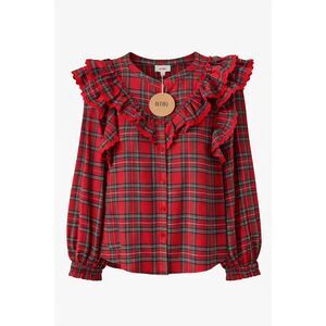 BiBi Red Plaid Ruffle Blouse XL Long Sleeve Tartan Top NWT